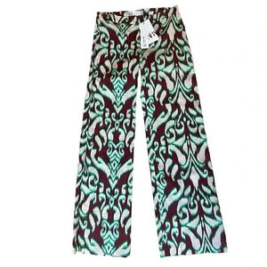 ZARA Printed mid-rise straight leg Front zip Pants Size XS Brown Green Cream NWT